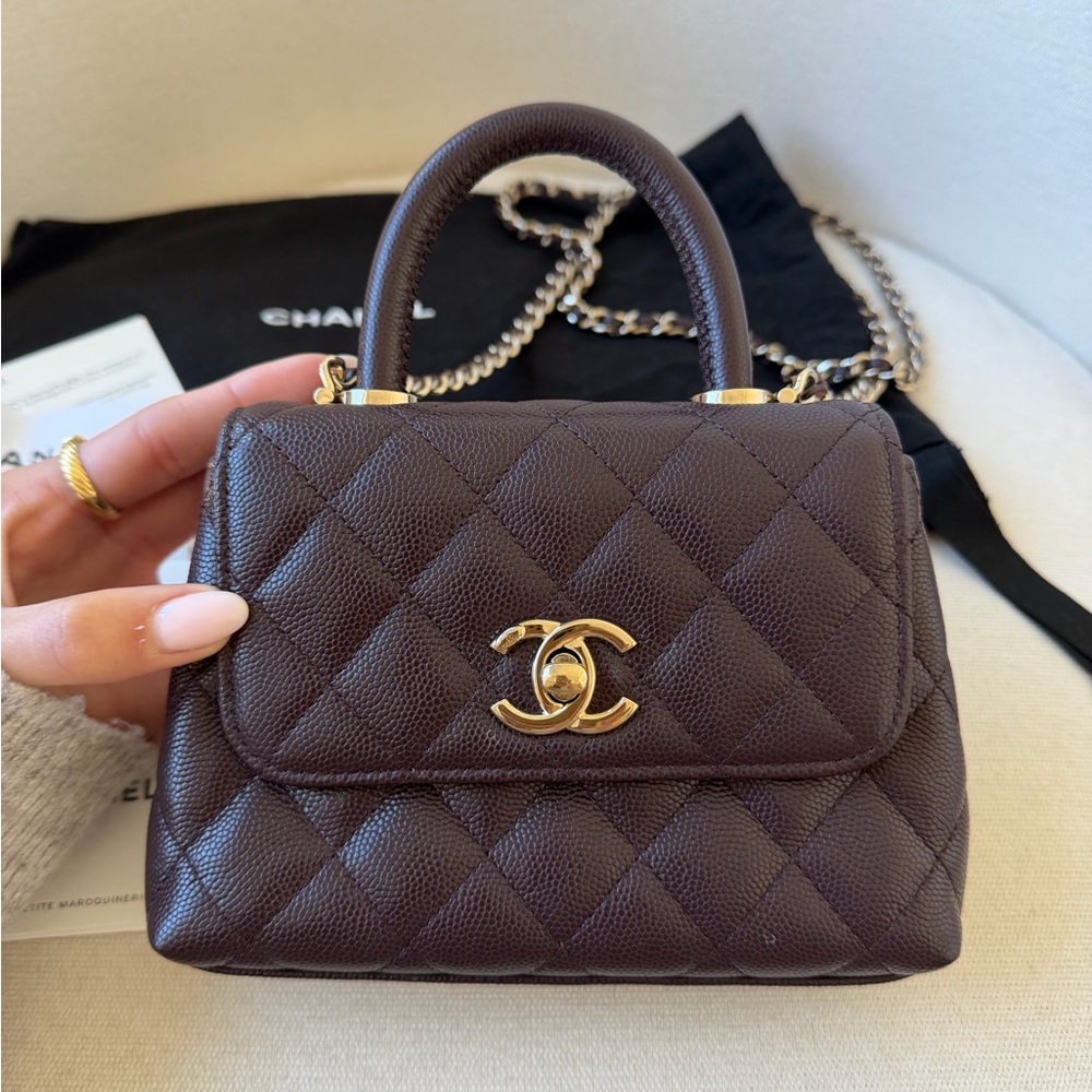 CHANEL Mini Coco Handle Flap Bag Burgundy Caviar Gold With Receipt - Picture 4 of 10